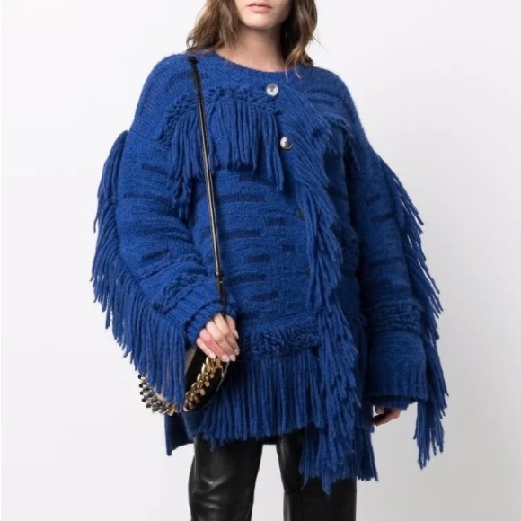 Stella McCartney NWT Blue Cozy Alpaca Blend Fringe Oversized Chunky Sweater - Picture 1 of 14